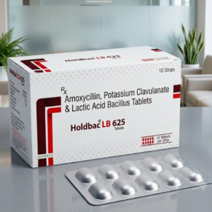 Amoxycillin (500mg), Potassium Clavulanate (125mg) & Latic Acid Bacillus Tablets - HOLDBAC LB 625 (Box of 10 Strips) (10X10) (Buy 3+ for 725)