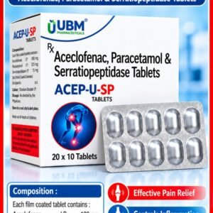 Aceclofenac IP(100mg), Paracetamol IP(325mg) & Serratiopeptidase(EC) (15mg)  ACEP-U-SP Tablets (20x10) (Box of 20 Strips) (Buy 3+ for 420)