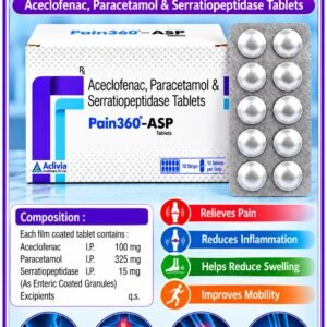 Aceclofenac (100mg), Paracetamol IP (325mg) & Serratiopeptidase (15mg) PAIN-360-ASP Tablets (Box of 10 Strips) (10x10) (Buy 5+ for 205)
